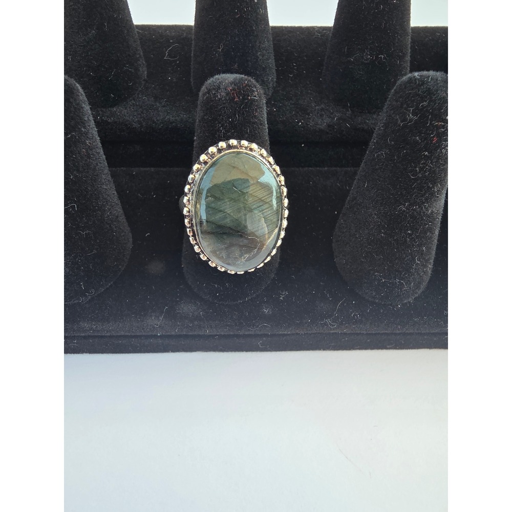 Labradorite Oval Cabochon Beaded Bezel Statement Ring Silver Tone Size 7.5